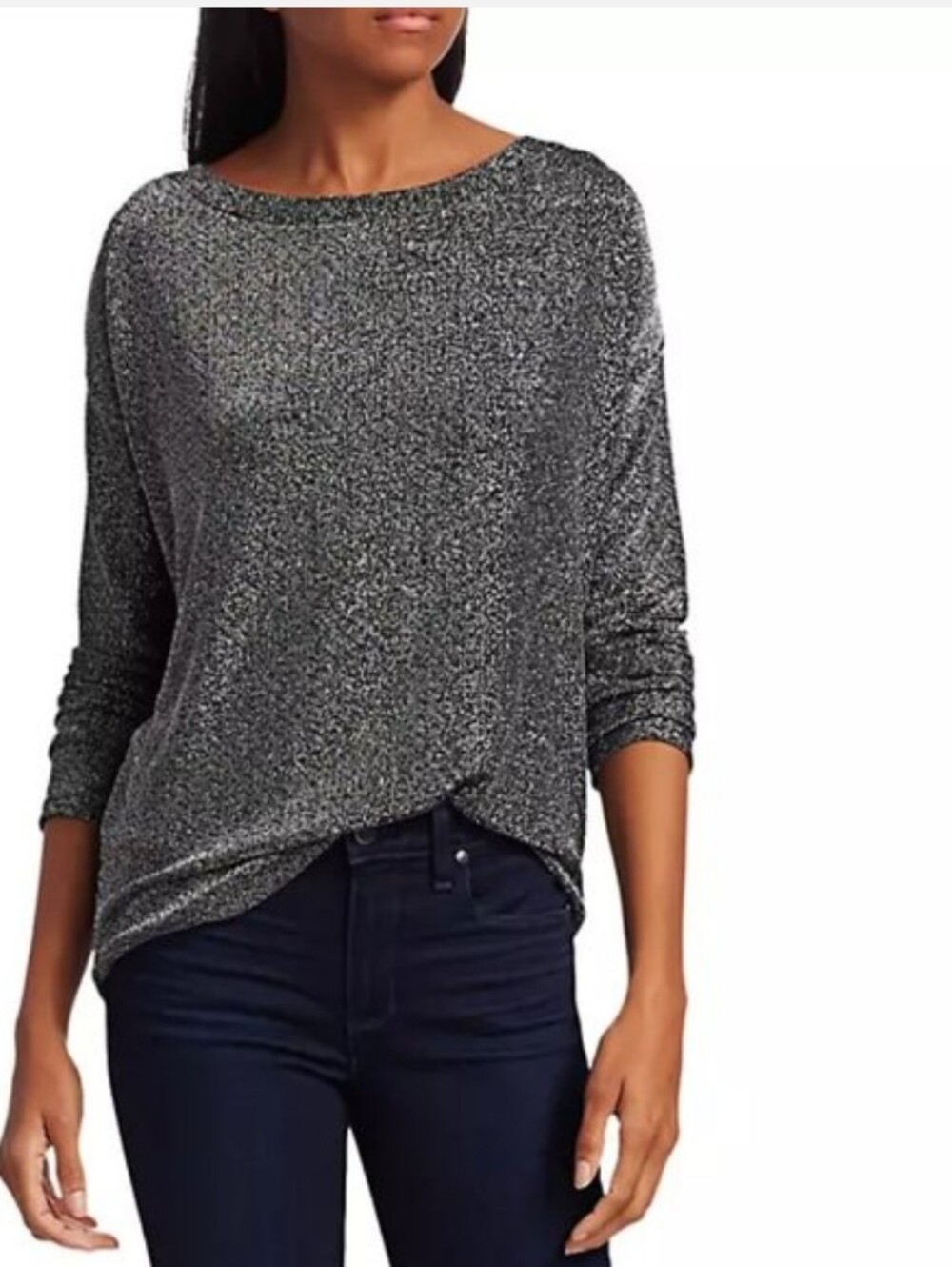 Paige Celeste Keyhole Back Metallic Knit Top Silver/ Black Size Small
